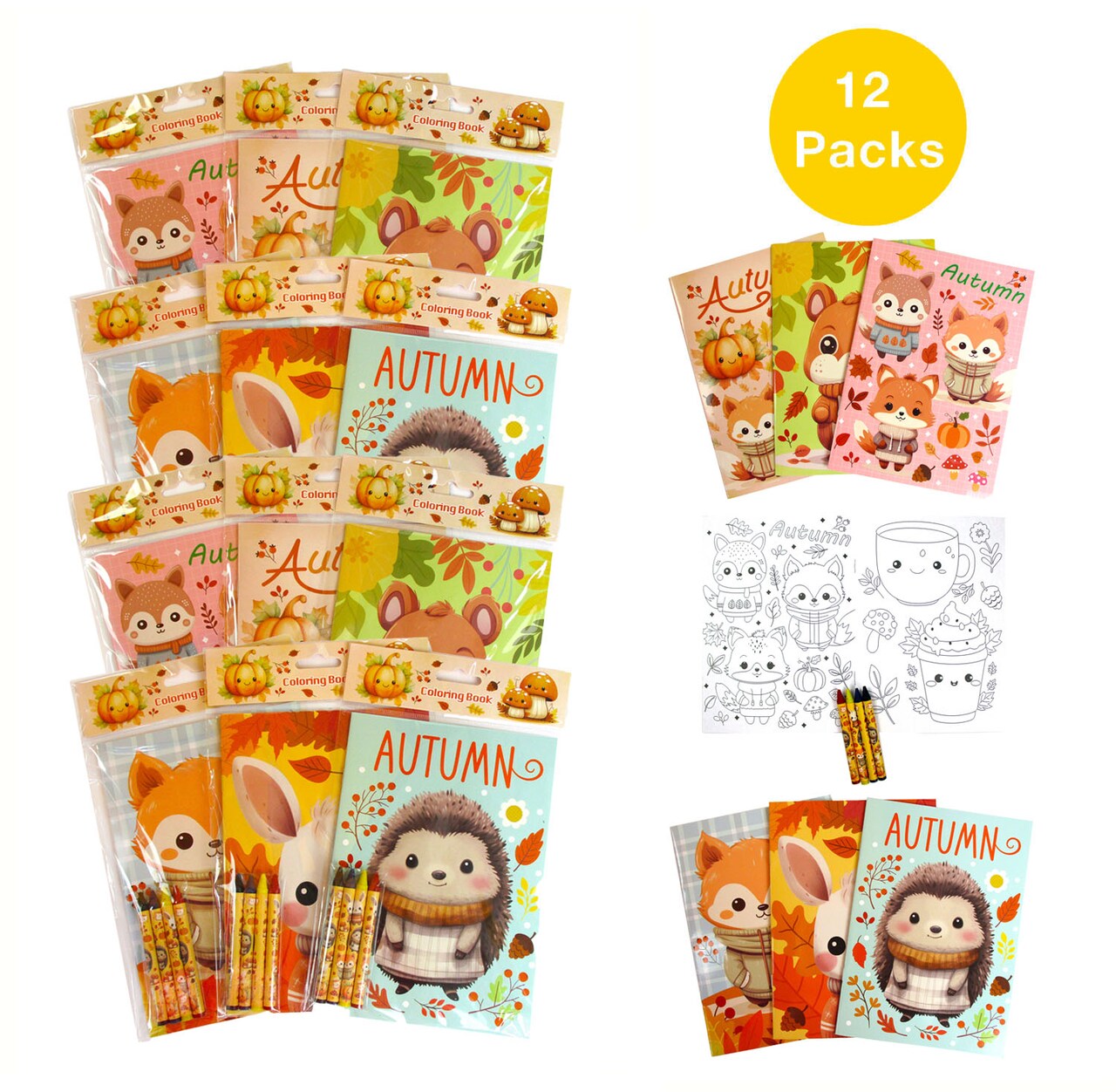 TINYMILLS Cozy Autumn Fall Animals Coloring Book Set for Kids Party Favors with 12 Coloring Books and 48 Crayons Party Supplies Favor Bag Filler